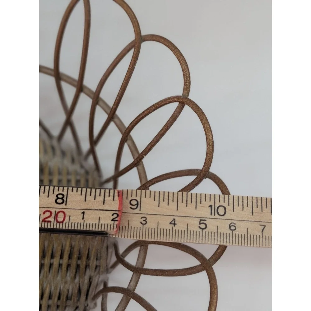 Vintage Bronze Wire Scalloped Petal Basket Woven Wicker Base Farmhouse Decor